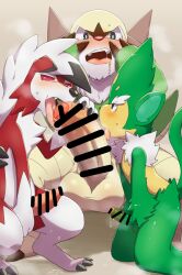 anthro balls blush censor_bar chesnaught claws collaborative collaborative_fellatio collaborative_sex erection fellatio foreskin fur gay generation_5_pokemon generation_6_pokemon genitals green_body green_fur group group_sex hi_res hitsuzi_taro11 licking lycanroc male male/male nintendo oral penile penis penis_lick pokemon pokemon_(species) quality sex simisage size_difference tapering_penis threesome tongue tongue_out trio