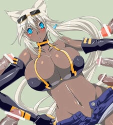 animal_ears aqua_eyes bare_shoulders breasts cat_ears cleavage dark_skin denim denim_shorts elbow_gloves gloves hands_on_hips high_resolution kaiten_muten-maru penis shamu_meruruusa short_shorts shorts white_hair