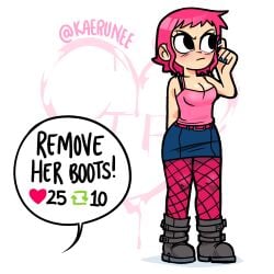 1girls black_eyes blue_nails clothed female kaerunee nail_polish pink_hair ramona_flowers scott_pilgrim short_hair solo solo_female twitter_strip_game_(meme)