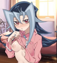 bedroom blue_hair blush clothing dntks edit female kamishiro_rio looking_at_viewer nipples red_eyes rio_kamishiro small_breasts solo uncensored yu-gi-oh! yu-gi-oh!_zexal