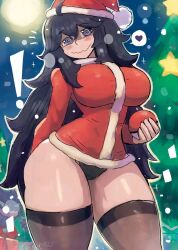 black_hair christmas christmas_tree detailed_background female female_focus female_only haunter hex_maniac large_breasts large_hips moonlight nervous_smile nintendo npc_trainer pokeball pokemon pokemon_xy purple_eyes santa_costume slight_blush stockings swirly_eyes tagme_(artist) thick_thighs unique_eyes visible_underwear