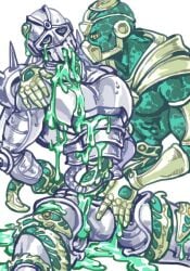 2boys armor arms_behind_back arms_restrained behind_another blue_eyes covered_in_slime gay gold_armor green_body green_slime hand_on_another&#039;s_shoulder hand_on_another&#039;s_thigh hierophant_green hourglass hourglass_figure humanoid humanoid_on_humanoid inappropriate_use_of_stand jojo&#039;s_bizarre_adventure knight looking_at_another male_focus male_only no_penetration restrained silver_armor silver_chariot simple_background slime stand_(jjba) stardust_crusaders tentacle tentacle_on_leg tentacle_on_waist unknown_artist white_background yellow_eyes yellow_sclera