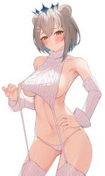 1girls belly_button blush breasts clothed clothing female female_only hazumi_aileen indie_virtual_youtuber light-skinned_female light_skin lion_ears lion_girl meme_attire revealing_clothes shirotategosha sideboob simple_background skimpy_clothes solo sweater underboob virgin_destroyer_sweater virtual_youtuber white_background yellow_eyes