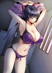 abs armpits arms_up black_hair blush bow bra breasts cleavage closed_mouth door female hair_ornament hairclip hanekawa_tsubasa indoors itachou lace large_breasts midriff monogatari_(series) navel panties purple_bow purple_bra purple_eyes purple_panties short_hair smile solo thighs underwear