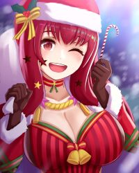 1girls ;d alternate_costume bangs breasts candy candy_cane choker christmas ciderwrath cleavage facial_mark facial_tattoo female female_only fire_emblem fire_emblem_engage fire_emblem_heroes food gloves hair_ornament hat large_breasts long_hair looking_at_viewer nintendo official_alternate_costume one_eye_closed open_mouth outdoors red_eyes red_hair santa_hat smile snow solo star star_(symbol) sweet tattoo upper_body wink yunaka_(fire_emblem) yunaka_(fire_emblem)_(spirited_envoy)