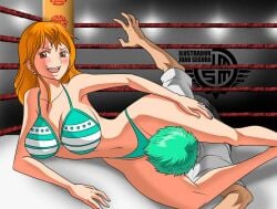 1boy 1girls asphyxiation bikini bikini_bottom bikini_top blush choking female female_focus femdom green_hair head_between_legs head_between_thighs headscissor headscissors ilustradorjoaosegura looking_back male malesub nami one_piece open_mouth orange_hair post-timeskip roronoa_zoro short_hair striped_bikini thick_thighs wrestling wrestling_ring