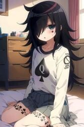 black_hair black_owned blacked blacked_clothing blush cute edit kuroki_tomoko laying_on_bed qos qos_clothing qos_tattoo queen_of_spades queen_of_spades_symbol skirt watashi_ga_motenai_no_wa_dou_kangaetemo_omaera_ga_warui!