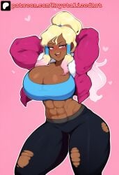 1girls abs ai_generated arms_behind_head avatar_legends bimbo bimbofication blonde_hair blush blush_lines cleavage crop_top cropped_jacket dark-skinned_female dark_skin female fur_trim gradient_hair gyaru horny huge_breasts korra krystalizedart mind_break muscular muscular_female narrow_waist pink_background pink_eyes pink_hair ripped_clothing ripped_pants smile solo solo_female solo_focus the_avatar the_legend_of_korra thick_ass thick_thighs thin_waist torn_clothes torn_pants transformation water_tribe