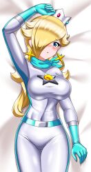 1girls 5_fingers bed blonde_hair blue_eyes blush bodysuit breasts clothing crown dakimakura_design eyes female female_focus female_only gloves human irohazakayouth jpeg laying_down looking_at_viewer mario_(series) mario_kart mouth navel_line nintendo open_eyes open_mouth princess_rosalina rubber rubber_clothing rubber_suit shiny_clothes solo