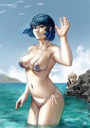 1boy 1girls aether_(genshin_impact) areola_slip arm_up armpit_peek artist_name beach big_breasts bikini blonde_hair blue_hair breasts busty cleavage female flower_bikini flower_print genshin_impact gloves green_eyes highres large_breasts legs looking_at_viewer lotusgun male navel ocean open_mouth panties partially_submerged peeking seductive seductive_look seductive_smile sexy short_hair side-tie_bikini_bottom sideboob smile surprised swimsuit teeth thighs underwear voluptuous water waving yelan_(genshin_impact)