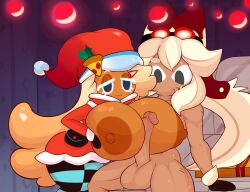 1boy 1girls areolae breasts breasts_out christmas clothed clothed_female_nude_male cookie_run female fromariels huge_breasts male nipples paizuri penis pizza_cookie santa_costume strawberry_cream_cookie