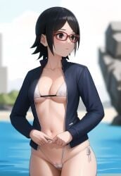 1girls ai_generated beach bikini bikini_bottom bikini_top black_hair boruto:_naruto_next_generations female girl micro_bikini naruto naruto_(series) sarada_uchiha sea seaside small_clothes small_panties solo solo_female solo_focus solo_girl teenage_girl teenager track_jacket tracksuit virgin