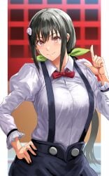 aged_up black_hair black_skirt blush bow bowtie breasts closed_mouth collared_shirt cowboy_shot daraz18aka female frilled_sleeves frills green_ribbons hachikuji_mayoi hair_ribbon hand_on_own_hip highres index_finger_raised juliet_sleeves large_breasts long_hair long_sleeves looking_at_viewer monogatari_(series) ponytail puffy_sleeves red_bow red_bowtie red_eyes ribbon shirt shirt_tucked_in sidelocks skirt smile solo standing suspender_skirt suspenders wing_collar