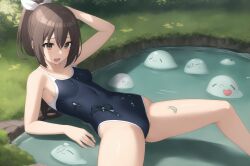 ai_generated brown brown_hair cum eyes female female hair_ornament itai_no_wa_iya_nano_de_bougyoryoku_ni_kyokufuri_shitai_to_omoimasu long_hair medium_breasts ponytail ribbon sally_(bofuri) slime slime_monster stable_diffusion swimsuit