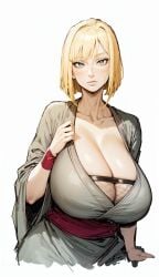 1girls ai_generated arm_guards big_breasts blonde_hair blue_eyes blunt_bangs blush bob_cut breasts breasts_bigger_than_head closed_mouth embarrassed female female_only fishnets hourglass_figure hpeq kimono large_breasts light-skinned_female light_skin mesh mesh_shirt naruto naruto_(series) naruto_shippuden no_bra oppai pale-skinned_female pinup plain_background plump presenting presenting_breasts sagging_breasts samui sash short_hair simple_background solo solo_focus stable_diffusion top_heavy top_heavy_breasts upper_body voluptuous voluptuous_female wafuku white_background wide_hips wristband