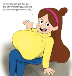 1girls blush brunette dialogue disney disney_channel disney_xd english_text godalmite gravity_falls hairband huge_breasts long_hair looking_at_viewer mabel_pines small_but_busty speaking_to_viewer sweater white_female