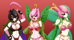 3girls 4_wings ban-tyo bancho bancholillymon digimon digimon_(species) fairy fairy_wings female female_only leaf leaf_wings leaves lillymon lillymon_x plant plant_girl vine_hair vines wings x_antibody