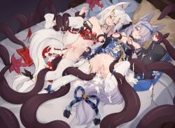 2girls after_vaginal animal_ear_fluff animal_ears bar_censor black_sleeves blue_dress blue_eyes breasts censored commentary cum cum_in_pussy cum_on_clothes cumdrip detached_sleeves dress english_commentary facial fox_ears fox_girl grey_hair handjob highres large_breasts long_hair lying multiple_girls nipples no_shoes on_back on_bed open_mouth original panties pillow pussy red_dress spread_legs tentacle thighhighs trimbil underwear variant_set white_panties white_sleeves white_thighhighs yellow_eyes