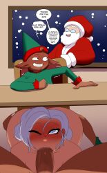 1boy 1girls 2boys big_penis blowjob christmas christmas_elf dark-skinned_male dark_skin dialogue elf elf_male english_text fellatio gilf interracial interspecies light-skinned_female light_skin long_hair mature_female mrs._claus n-ronin one_eye_closed open_relationship oral oral_sex pointy_ears santa_claus smaller_male speech_bubble spitroast under_the_table white_hair