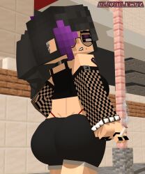 beauty_mark black_hair black_shorts city fishnets glasses goth goth_girl heart_tattoo looking_at_viewer makeup mine-imator minecraft minecraft_xxx olivia_(olivialewdz) olivialewdz piercing ponytail purple_eyes red_thong shorts smoking straps tank_top thong