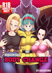 1boy 3girls alien alternate_breast_size android_18 axlexcima black_hair blonde_hair blue_eyes breast_grab bulma_briefs bulma_briefs_(frieza_saga) captain_ginyu caulifla comic_cover dragon_ball dragon_ball_z english_text huge_breasts licking_own_lips purple_skin turquoise_hair