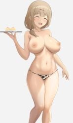 animal_print baji_toufuu_(bajitohfu) bajitohfu bikini blonde_hair blush breasts breasts_apart closed_eyes cow_print female food hair_ornament hairclip highres holding holding_plate jahy-sama_wa_kujikenai! large_breasts navel nipples open_mouth plate print_bikini short_hair simple_background smile solo swimsuit tenchou_(jahy) topless white_background