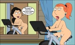 accurate_art_style ahe_gao big_pussy bike black_hair bonnie_swanson brown_hair cameltoe cum cumming dialogue erect_nipples exercise_bike family_guy humping lois_griffin masturbating masturbation nude orgasm orgasm_face pussy_juice red_hair rubbing sexfight sexfightfun smile smiley_face squirt squirting