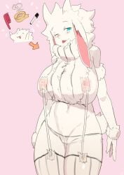 1girls :p absurd_res anthro aqua_eyes big_breasts blush buta99 caprine female female_only floppy_ears fur furry furry_only goat horizontal_pupils horns long_hair looking_at_viewer nipples_visible_through_clothing pink_background smiling smiling_at_viewer solo tongue_out vanilla_(buta99) virgin_destroyer_sweater white_fur white_hair wink winking_at_viewer