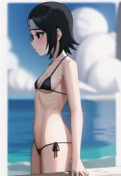 1girls ai_generated beach bikini bikini_bottom bikini_top black_hair boruto:_naruto_next_generations breasts breasts cameltoe female girl naruto naruto_(series) pussy_peek sarada_uchiha sea seaside small_breasts solo solo_female solo_focus solo_girl teenage_girl teenager