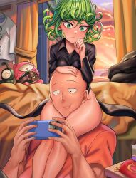 1boy 1girls black_sperm breasts curly_hair fair6805 green_eyes green_hair manako_(one-punch_man) one-punch_man phone rkrk12 saitama sitting sitting_on_shoulders small_breasts tatsumaki thighs