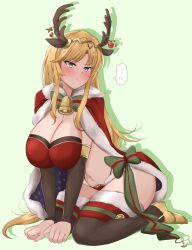 1girls all_fours alternate_breast_size alternate_costume angry antlers bare_midriff bare_thighs big_breasts blonde_hair blue_eyes blush bra breasts cape christmas clarisse_(fire_emblem) cleavage cosplay embarrassed female female_only fire_emblem fire_emblem:_new_mystery_of_the_emblem fire_emblem_heroes green_background kneeling large_breasts looking_at_viewer midriff navel nintendo panties red_panties solo speech_bubble tharja_(fire_emblem) tharja_(fire_emblem)_(cosplay) tharja_(fire_emblem)_(winter) thighhighs thighs toshimasa underwear