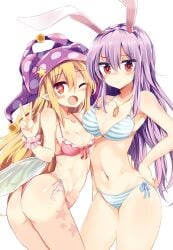 2girls arm_at_side ass belly_button bikini blonde_hair blush breasts bunny_ears bunny_girl closed_mouth clothed clownpiece embarrassed fairy_wings female_only hat heart-shaped_pupils light-skinned_female maturiuta_sorato necklace no_penetration no_sex one_eye_closed open_mouth peace_sign pointy_ears purple_hair red_eyes reisen_udongein_inaba simple_background smiling stripes swimsuit tattoo touhou white_background winking_at_viewer