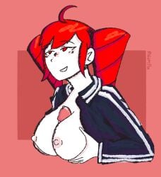 abstract_background commission holding_breasts hoodie kasane_teto looking_up masarada mv_character paizuri precum precum_drip red_eyes red_hair rndmpornart simple_background synthesizer_v tagme twindrills twitter_username ultra_trailer utau