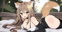 ai_generated annytf ass black_thighhighs blush breasts brown_eyes cleavage collar elbow_gloves forest fox fox_ears fox_girl fox_tail large_breasts leopard light_brown_hair long_hair on_bed on_belly open_mouth outdoors smile stable_diffusion star_(symbol) star_ornament thighhighs virtual_youtuber vtuber