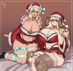 2girls anila_(granblue_fantasy) blonde_hair breasts captain_kirb christmas female granblue_fantasy hi_res hips horns huge_breasts kuvira_(granblue_fantasy) light-skinned_female light_skin long_hair male naughty_face tan tan-skinned_female tanned_skin thick_thighs thighs uncensored wide_hips