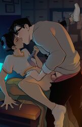 1girls black_hair bottomless clark_kent clark_kent_(my_adventures_with_superman) closed_eyes clothing dc dc_comics female glasses highres kissing light-skinned_male light_skin lois_lane lois_lane_(my_adventures_with_superman) male my_adventures_with_superman partially_clothed penetration penis pubic_hair pulling_clothing pussy sex shirt short_hair socks spread_legs straight superman superman_(series) tan-skinned_female tan_skin uncensored vaginal_penetration white_shirt zet13