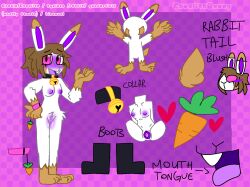 anthro bad_anatomy blush brown_hair bunny_ears bunny_girl bunny_humanoid bunny_tail canela_(canelitabunny) canelitabunny carrot collar pink_eyes purple_blush purple_ears purple_nipples purple_pussy purple_tongue rabbit rabbit_ears rabbit_girl rabbit_humanoid rabbit_tail reference_sheet white_fur