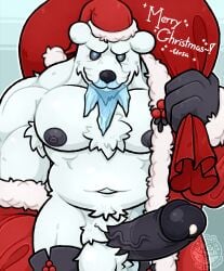 absurd_res anthro balls bear beartic bodily_fluids christmas christmas_clothing christmas_headwear clothed clothing costume erection fur generation_5_pokemon genitals gloves handwear hat headgear headwear hi_res holidays humanoid humanoid_genitalia humanoid_penis male mammal muscular muscular_male nintendo nipples partially_clothed pecs penis pokemon pokemon_(species) santa_costume santa_hat simple_background solo ursa-m1nor white_body white_fur