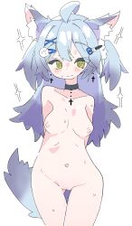 1girls alternate_version_available animal_ears animal_tail female_focus female_only feru grey_hair highres indie_virtual_youtuber light-skinned_female light_skin long_hair nude nude_female simple_background small_breasts two_tone_hair virtual_youtuber white_background yellow_eyes yukine_olwin