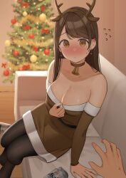 big_breasts blush cleavage collar costume first_person_view looking_at_viewer ol-chan_(ol_mahonanoka) ol_mahonanoka original reindeer_antlers reindeer_costume tights