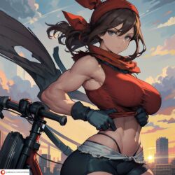 1:1 1girls 2d abs ai_generated anime_style armpit bandana bangs big_ass big_breasts bike bike_shorts blue_eyes blue_gloves bottom_heavy brown_hair cmtilins female female_focus female_only firm_breasts fit fit_female game_freak gloves hand_on_waist headwear impossible_clothes lifting_shirt long_hair may_(pokemon) mediumres messy_hair muscular muscular_female narrow_waist nintendo patreon_username pokemon pokemon_rgby red_bandana red_shirt ripped_clothing ripped_shorts showing_belly sleeveless_shirt small_waist solo solo_focus sports_shorts sunset thong thong_straps tight_clothes tsundere wavy_hair wide_hips