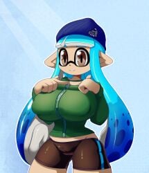 animal_humanoid anthro ass_window big_breasts cephalopod cephalopod_humanoid clothed elecmaw female female_only humanoid inkling inkling_girl mask_(marking) mizuho_(splatoon) nintendo nipples_visible_through_clothing no_bra no_underwear pointy_ears pseudo_hair pussy_visible_through_clothes splatoon splatoon_(series) squid tentacle tentacle_hair