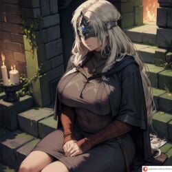 4k abs absurdres ai_generated blindfold blonde_hair calm cmtilins curvy_figure dark_souls dark_souls_3 dress fire_keeper fromsoftware headwear highres huge_breasts large_breasts long_dress long_hair long_sleeves nun relaxing serious shy sitting solo_female thick thick_thighs white_skin wide_hips
