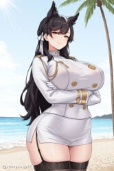 1girl ai_generated aiguillette animal_ears arms_under_breasts atago_(azur_lane) azur_lane beach black_hair black_thighhighs blue_sky blush breasts brown_eyes closed_mouth covered_nipples cowboy_shot crossed_arms day extra_ears garter_straps gloves hair_ribbon huge_breasts jacket large_breasts long_hair long_sleeves looking_at_viewer military military_uniform miniskirt mole mole_under_eye ocean outdoors palm_tree pencil_skirt ribbon sand skindentation skirt sky smile solo swept_bangs thighhighs thighs tree twitter_username uniform white_gloves white_ribbon white_skirt