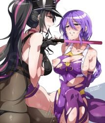 2girls arai_nobu arms_behind_back artist_name baton_(weapon) black_hair blush braid braided_ponytail breasts clenched_teeth collarbone dated eye_contact fate/grand_order fate_(series) female female_only femdom grinding hat large_breasts long_hair looking_at_another military_hat multiple_girls nipples original purple_eyes purple_hair pussy_juice sessyoin_kiara sessyoin_kiara_(swimsuit_mooncancer) sessyoin_kiara_(swimsuit_mooncancer)_(second_ascension) simple_background smile sweat tears teeth thong torn_clothes weapon white_background yellow_eyes yuri