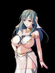 1girls breasts female green_hair human_only jewelry kyonyuu_fantasy kyonyuu_fantasy_gaiden kyonyyu_fantasy large_breasts long_hair navel nerisu_(kyonyuu_fantasy) red_eyes see-through solo thong waffle