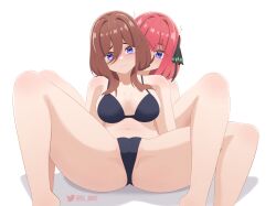 2girls ass bangs big_ass blue_eyes blush brown_hair el_bin embarrassed go-toubun_no_hanayome inviting_to_sex legs_held_open nakano_miku nakano_nino panties pink_hair pussy_peek semi_nude sisters thick_thighs thighs waiting