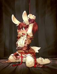 1boy anthro blush bound clothes cum dripping erection exposed hair japanese_clothes kimono kneeling kosian lagomorph looking_at_viewer male male_only pattern penis rabbit red_eyes solo