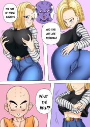 1boy 1girls alternate_breast_size android_18 axlexcima big_ass blonde_hair blue_eyes blush body_swap busty captain_ginyu comic dragon_ball dragon_ball_z embarrassed english_text grabbing_own_breast huge_breasts krillin kuririn page_2 shirt_lift speech_bubble sweat undressing