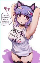 1girls armpits arms_behind_head blunt_bangs breasts brikot cat_ears choker double_bun english_text fake_animal_ears female hair_bun large_breasts light-skinned_female light_skin original original_character panties purple_eyes purple_hair text text_on_clothing thighhighs thighs